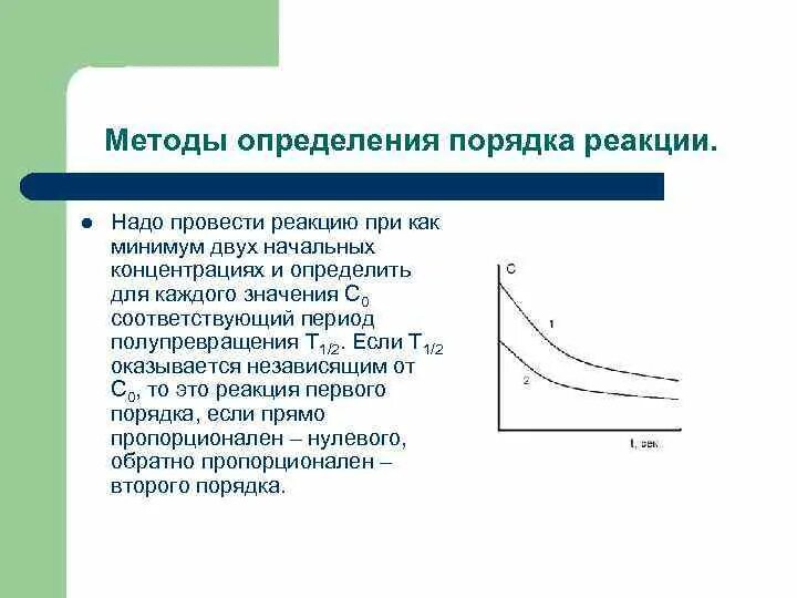 Метод первой реакции. Методы определения порядка реакции. Метод времени полупревращения для определения порядка реакции. Интегральный и дифференциальный метод определения порядка реакции. Порядок реакции дифференциальным методом.