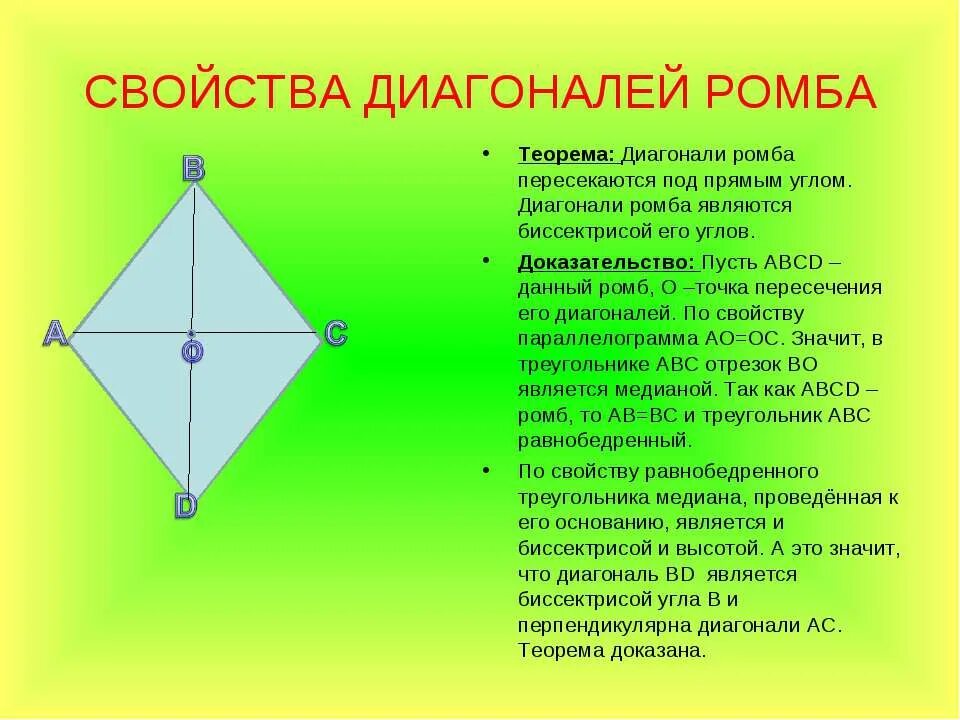 Сформулируйте свойства диагоналей ромба. Диагонали ромба. Биссектриса ромба свойства. Диагонали ромба пересекаются под прямым углом. Диагональ ромба биссектриса.