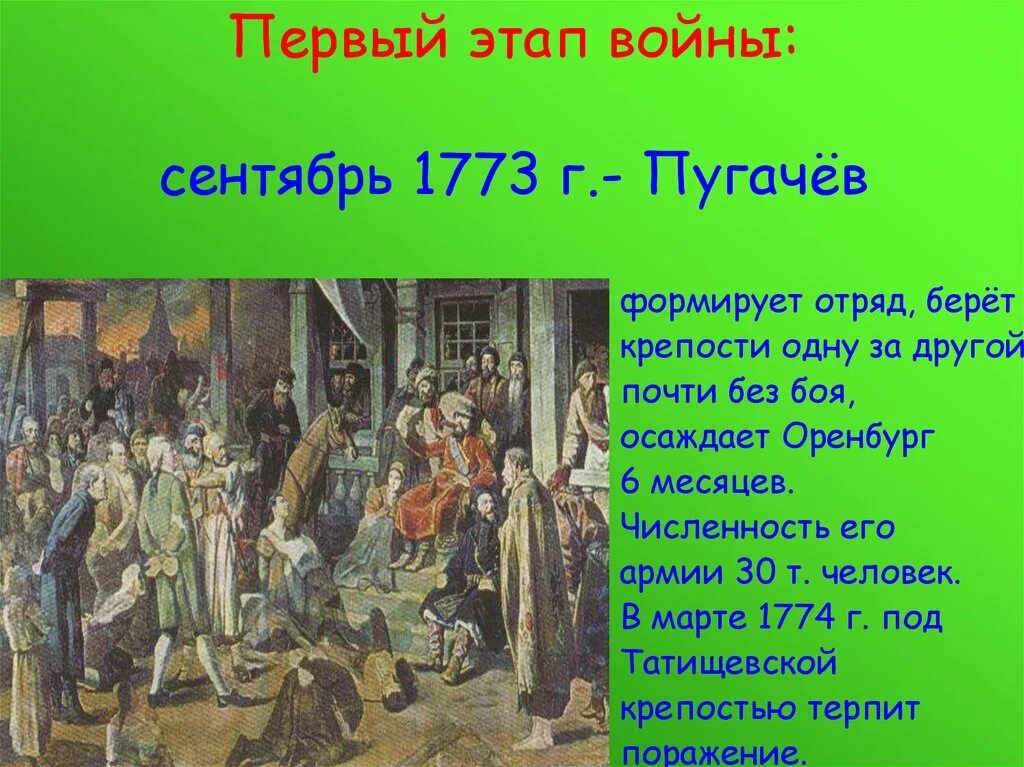 Первый этап войны Пугачева. Восстание Емельяна Пугачева. Этапы 1 этап сентябрь 1773.