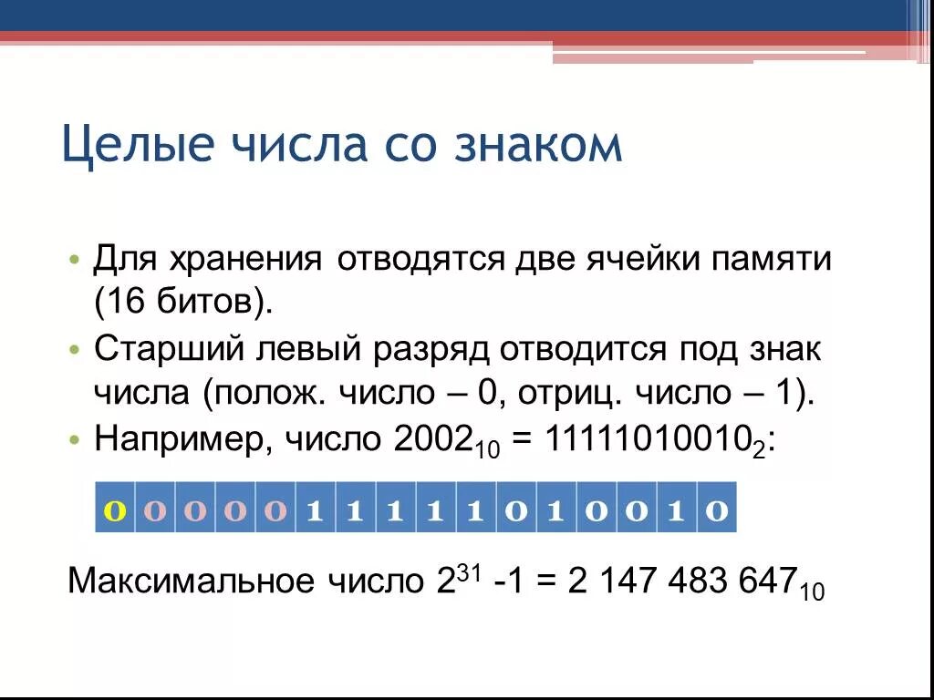 8 разрядной ячейке памяти. Представление чисел со знаком в памяти компьютера. Характеристика числа. Целое число со знаком. Старший разряд числа в математике.