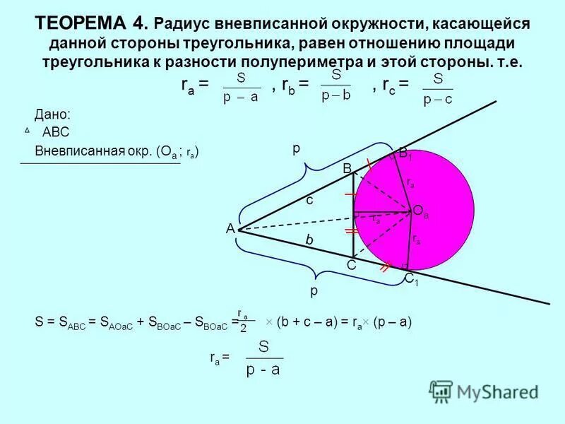 Точка касания вневписанной окружности. Площадь вневписанной окружности формула. Площадь треугольника вневписанной окружности. Формула Эйлера для вневписанной окружности.