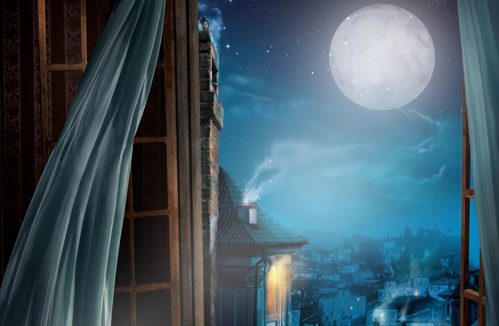 Луна светит в комнату. Сказочное окно. Окно ночью. Волшебный вид из окна. Луна в окне.