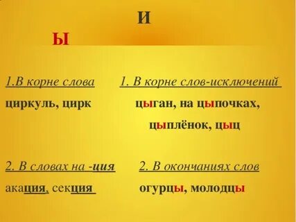 Слова исключения буквы и ы после ц