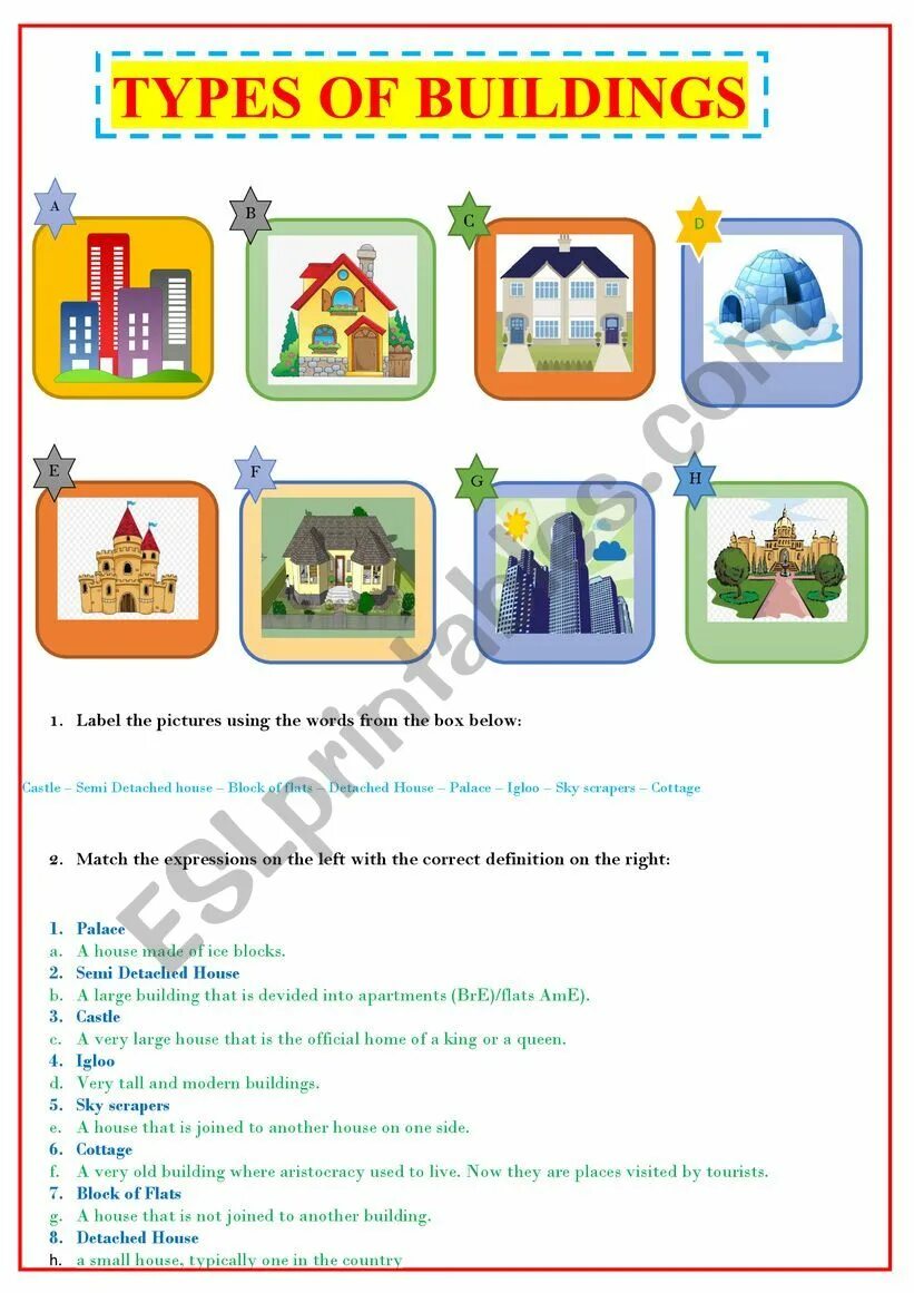 Match vocabulary with the correct definition. Types of buildings. Types of buildings Worksheets. Types of Houses Worksheets. Texts about Types of buildings.
