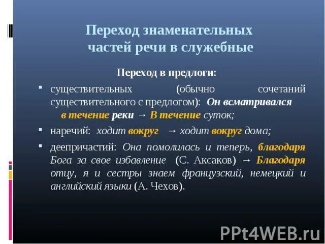 Переход частей речи. Переходные предлоги. Знаменательные части речи. Переход наречия в предлог. Переход слов в наречие