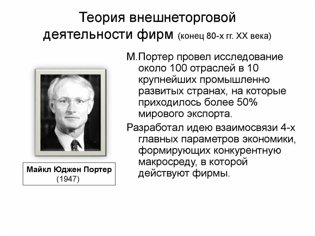 Теория внешнеторговой деятельности фирм. Теория внешнеторговой деятельности фирм Портер. Автор теории внешнеторговой деятельности фирм.