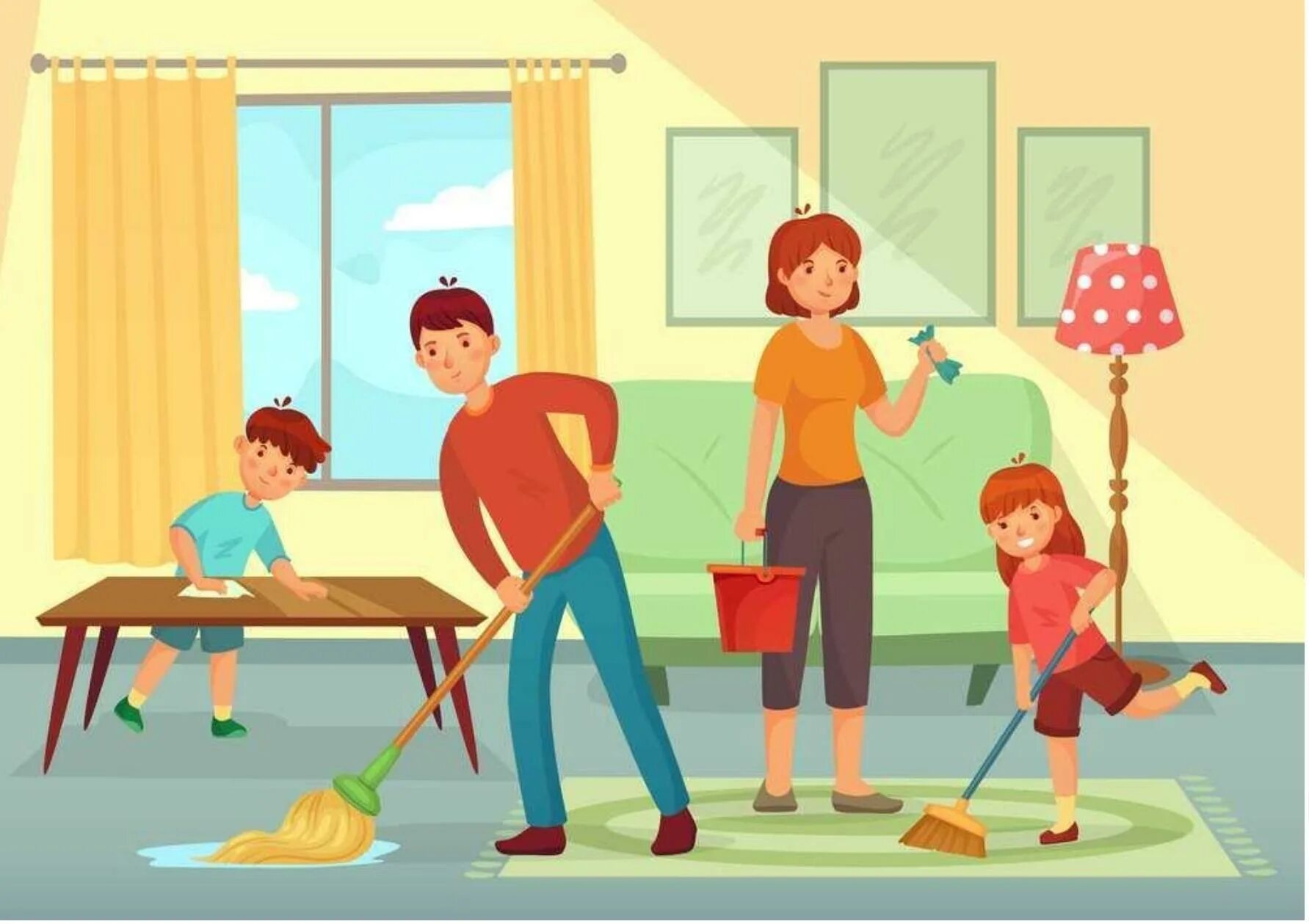 Помоги прибрать. Семья убирается. Рисунок уборка в доме. Рисунок домашнее хозяйство в семье. Уборка картинки для детей.