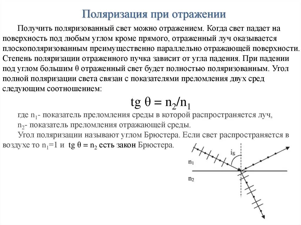 Полная поляризация. Поляризация света при отражении и преломлении света. Поляризация света при отражении под углом Брюстера. Поляризация света при отражении от диэлектрика. Закон Брюстера.. Поляризация света при отражении и преломлении света. Закон Брюстера..