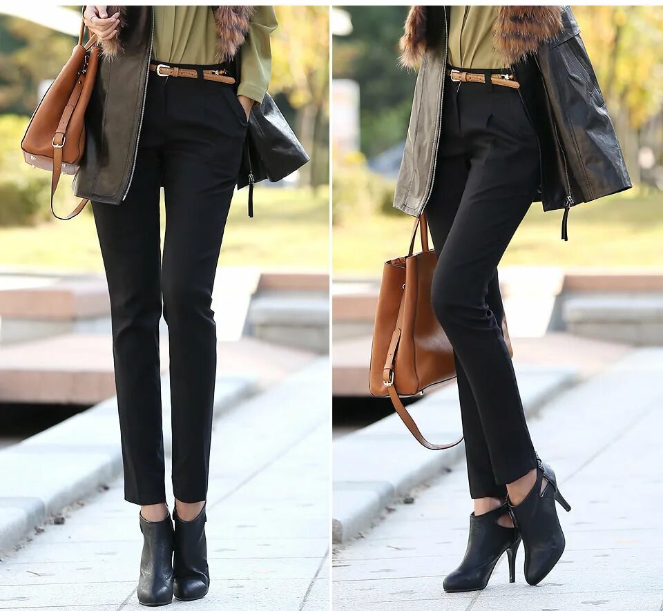 Ботильоны с брюками. Как носить ботильоны с брюками. Стиль с ботильонами. Брюки с ботильонами на низком каблуке. Уличный стиль моделей.
