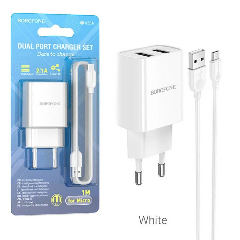 Сетевое зарядное устройство 2.1 a. Сзу borofone ba53a type-c 2usb 2.1a powerway white. сзу borofone ba53a micro 2usb 2.1a powerway black. borofone ba53a. сзу borofone ba53a, 2usb, 2.1a + lightning 1м, белый.