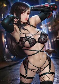 Tifa Lockhart women brunette long hair straight hair hands in hair red eyes...