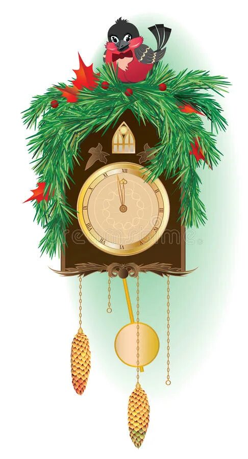 Красно-коричневые новогодние часы с кукушкой. Новогодние часы с кукушкой рисунок акварель. Очень красивые новогодние часы с кукушкой рисунок. Новогодние большие часы с маятником шишки рисунок.