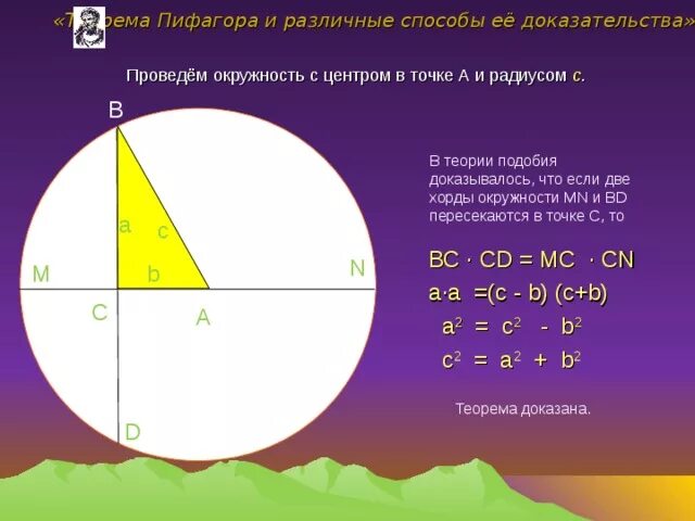 Теорема Пифагора через окружность. Доказательство теоремы Пифагора через окружность. Теорема Пифагора радиус окружности.