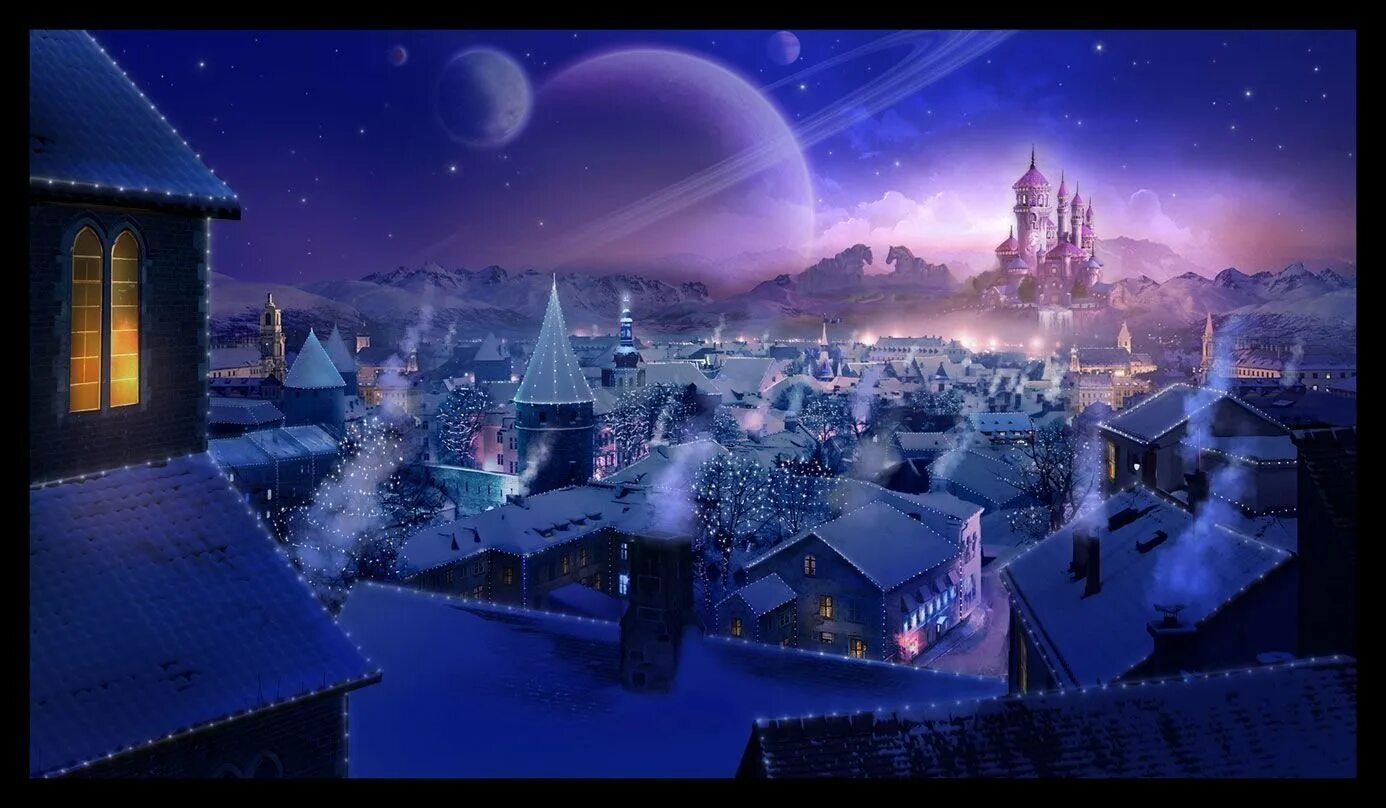 Ночь рождеством картинки. Новогодняя деревня. Новогодний город. Сказочный город зимой. Фэнтези Рождество.