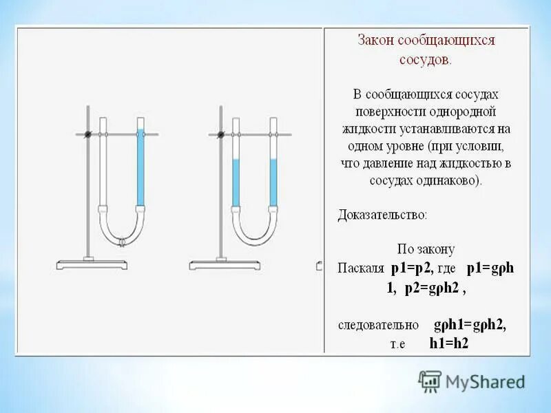 Какие примеры сообщающихся. Сообщающиеся сосуды h1=h2 p1=p2. Формула закона сообщающихся сосудов физика 7 класс. Закон сообщающихся сосудов 7 класс физика. Закон сообщающихся сосудов формулировка.