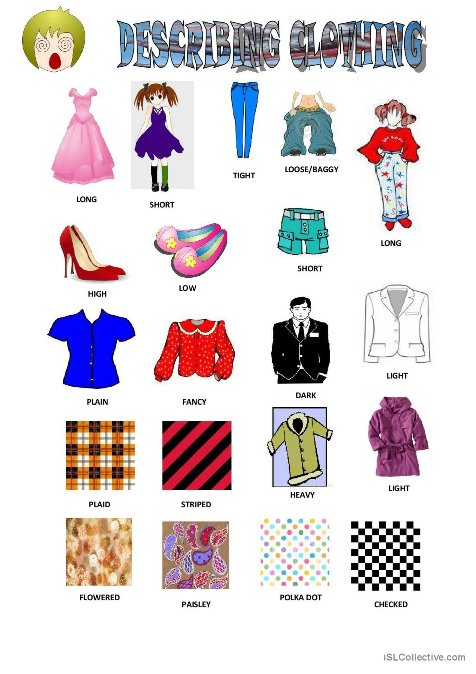 What kind of clothes materials colours patterns. Одежда describe worksheets. одежда esl. styles of clothes на английском. materials for kids clothes.