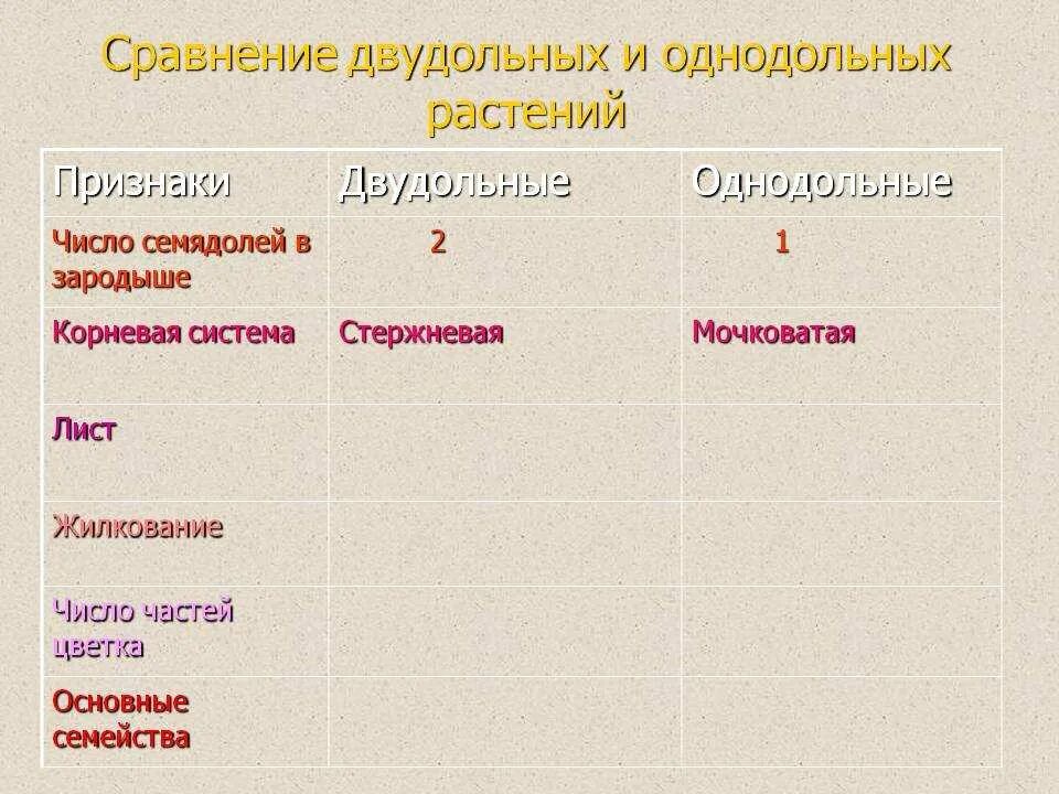 Как отличить однодольные. Сравнение однодольных и двудольных растений таблица. Однодольные и двудольные различия таблица. Различия однодольных и двудольных растений таблица. Сравнение классов однодольных и двудольных растений таблица.