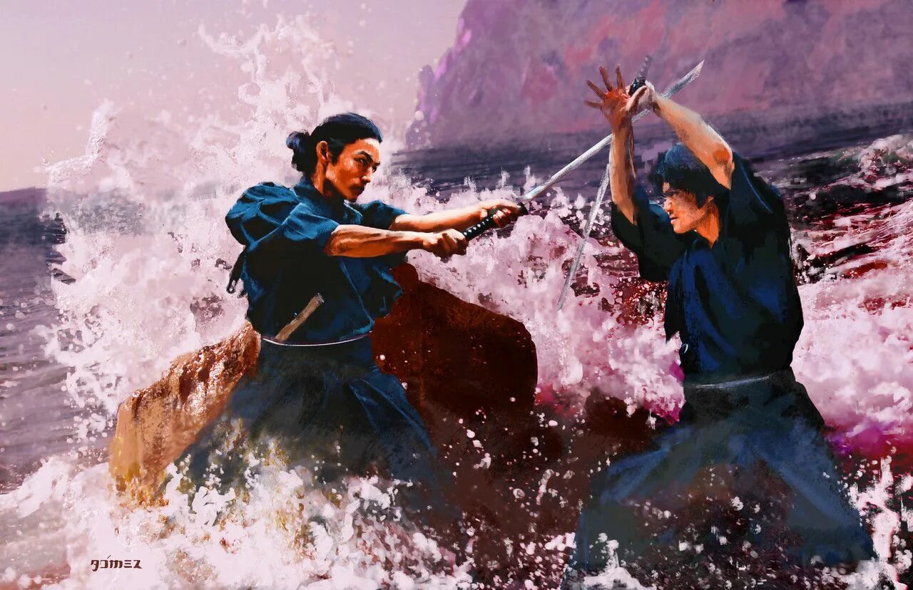 Схватка бой. Самурай Мусаси поединок на острове. Япония Самураи дуэль. Бой на мечах. Картина Самурай.