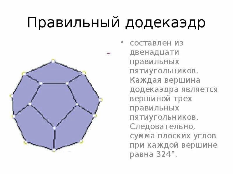 Площадь полной поверхности додекаэдра. Элементы симметрии додекаэдра. Угол при вершине додекаэдра. Додекаэдр. Сумма плоских углов при вершине додекаэдра.
