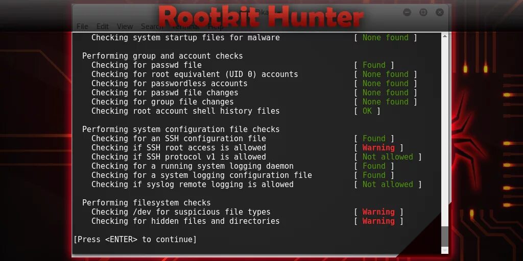 Logging configuration. Rootkit Hunter. Config Checker. Checking System. Checking for System.