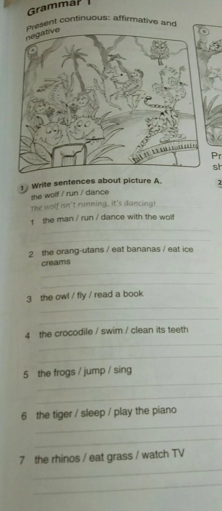 Write sentences about picture a the man Run Dance with the Wolf. Write sentences about picture a the man Run Dance. Write sentences about Fiddle. Write sentences about the pictures