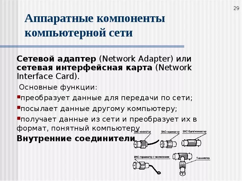 Аппаратные компоненты ЛВС. Программные компоненты компьютерной сети. Основные компоненты компьютерных сетей. Основные элементы компьютерной сети. Функции сетевых адаптеров