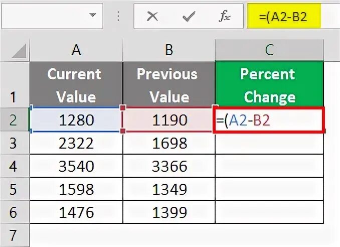 Previous values. Percent change Formula. Excel how change language. Percent change rounded. Bracket Opening Formulas.