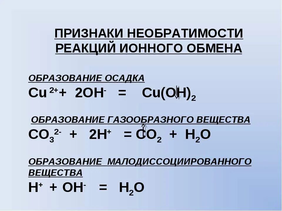 Условия необратимости реакций ионного обмена. Необратимые ионные реакции. Условия необратимости ионных реакций. Признаки реакции ионного обмена.