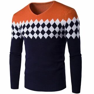 Sonms Stylish Diamond Lattice Knitted Men Long Sleeve V-Neck Sweater Pullov...