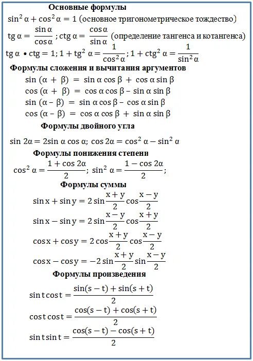 Тригонометрические формулы произведения. Формулы тригонометрии основные тождества. Синус косинус тангенс основные формулы. Формулы синусов и косинусов тангенсов 10 класс. Математика 10 класс формулы тригонометрии.