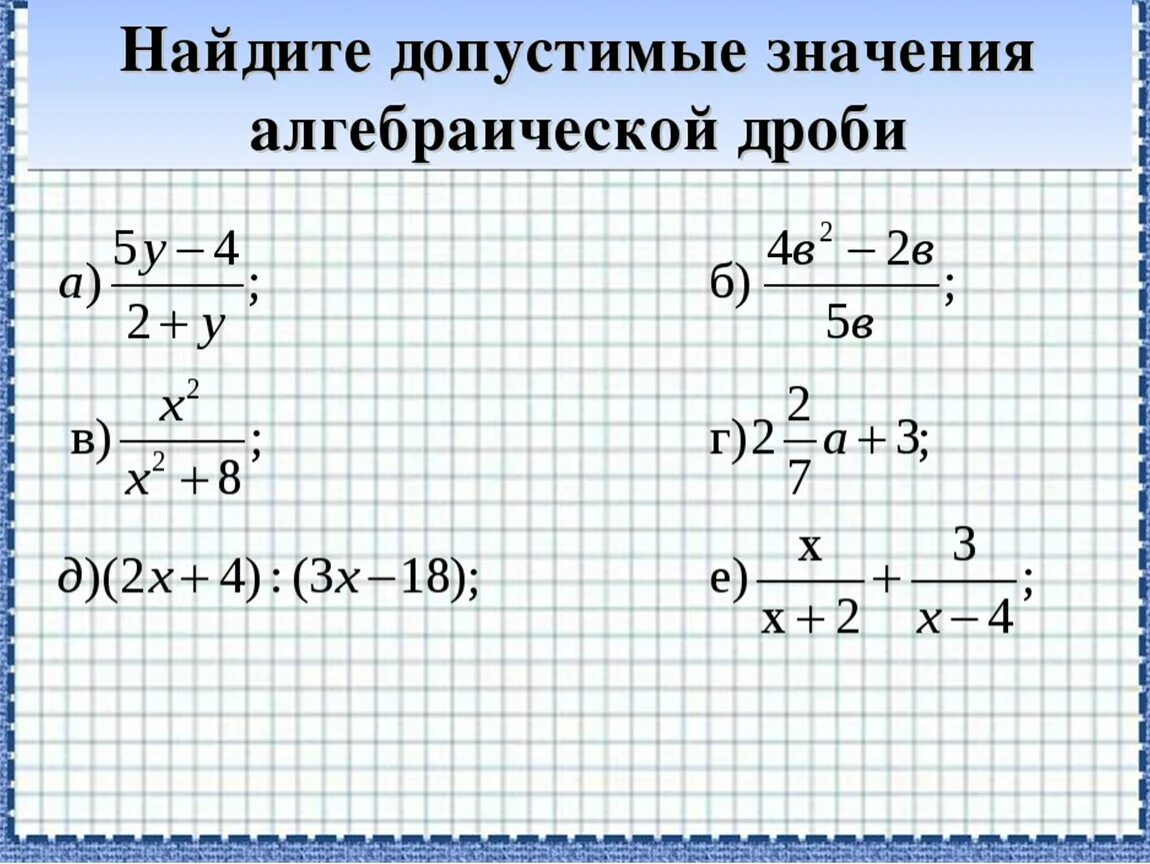 Найти допустимые значения. Область допустимых значений алгебраической дроби. ОДЗ алгебраической дроби. Область допустимых значений задания.