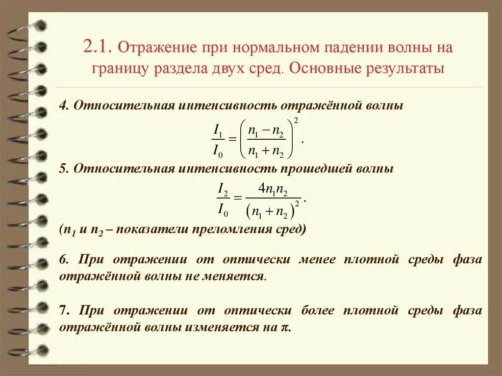 Интенсивность волны. Относительная интенсивность. Отражение волны от более плотной среды. Электромагнитные волны на границе раздела сред.