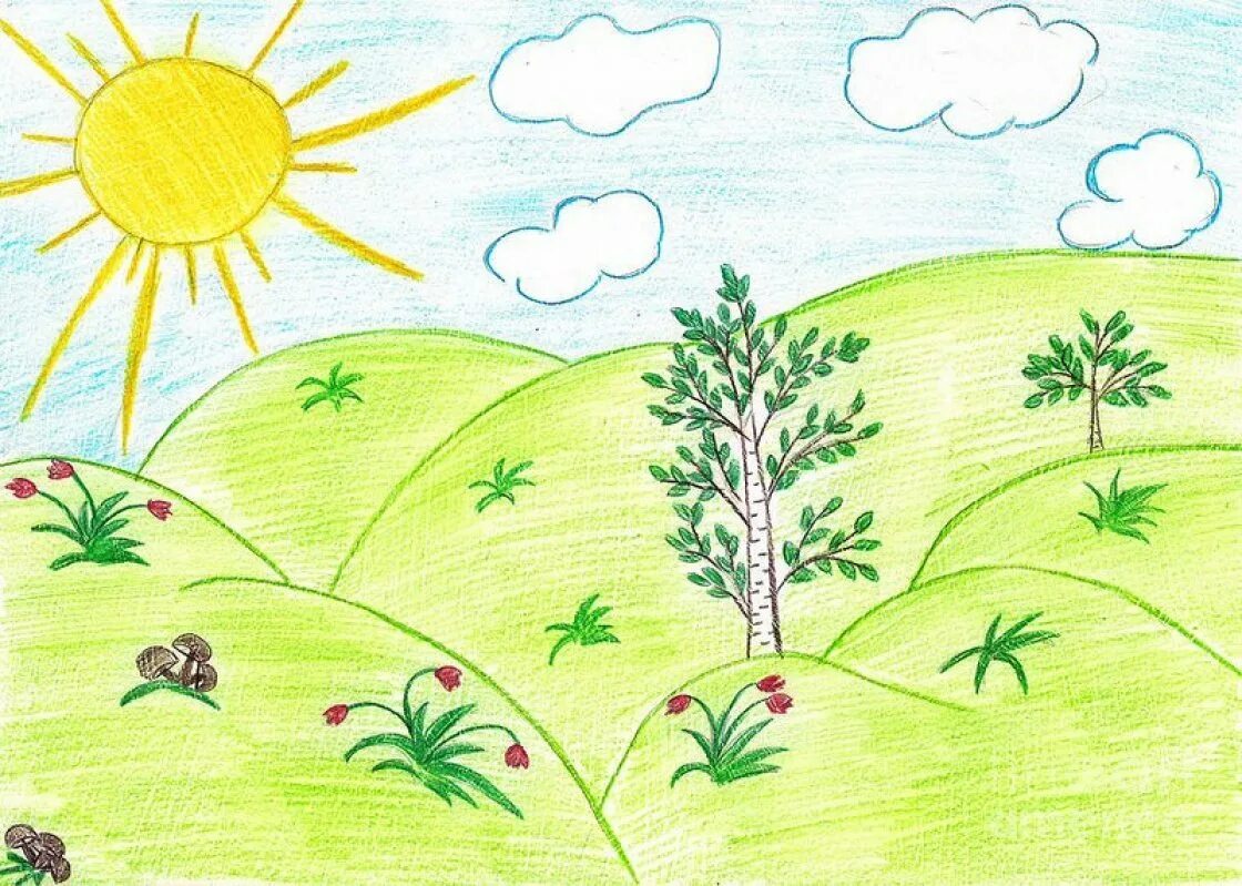 Нарисовать луг 1 класс окружающий. Летние рисунки. Рисунок о лете. Летний рисунок для детей. Рисование на тему лето.