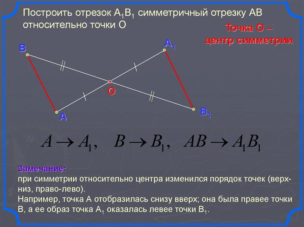 Осевая симметрия является движением. Отрезок симметричный отрезку относительно точки. Построить отрезок симметричный отрезку относительно точки. Построение отрезка симметричного данному относительно точки. Отрезок симметричный относительно точки.