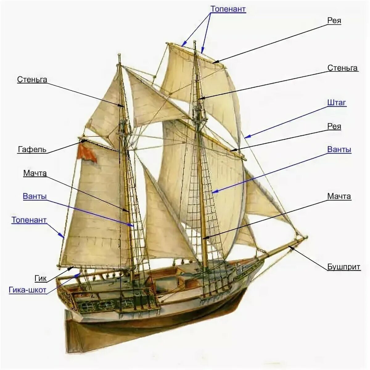 ФОК грот бизань мачты. Такелаж двухмачтового парусника. Брамселя лиселя. Рангоут двухмачтовой шхуны. Названия фрегатов