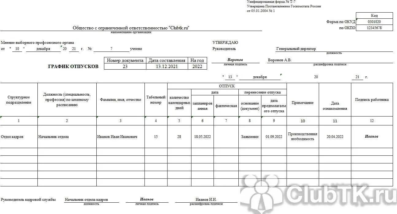 Форма т-7 график отпусков 2022. Форма Графика отпусков унифицированная форма т-7. График отпусков 2022 образец excel. Образец заполнения Графика отпусков.