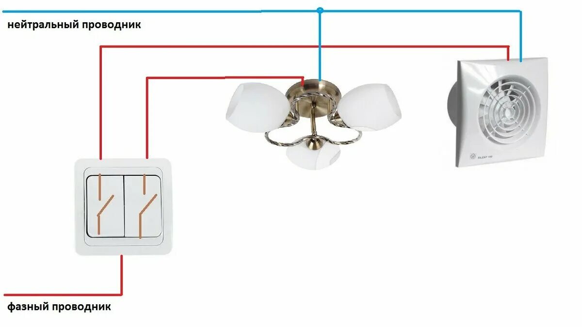 Как подключить выключатель в ванной. Схема подключения двухклавишного выключателя на свет и вентилятор. Схема подключения вентилятора и лампочки на двойной выключатель. Двухклавишный выключатель подключение на две лампочки схема. Схема подключения двухклавишного выключателя на 2 лампочки.