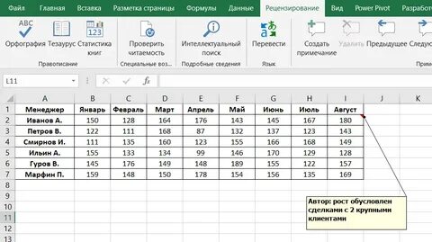 Примечание в ячейке