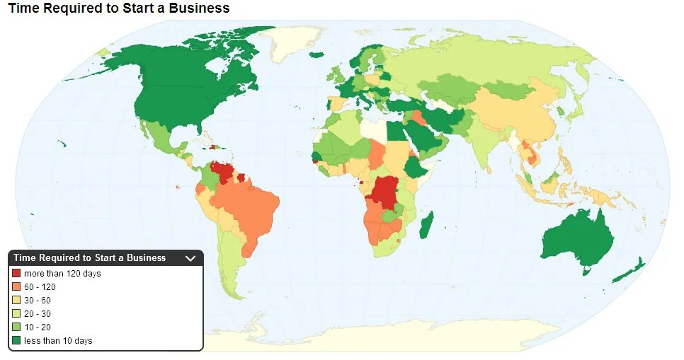 Уровень бизнесов в странах. Карта на которой изображен набор данных.