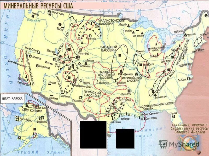 Полезные ископаемые северной америки на контурной карте. Полезные ископаемые США на карте. Минеральные ресурсы США карта. Крупнейшие бассейны и месторождения полезных ископаемых в США карта. Крупнейшие месторождения полезных ископаемых в США на карте.