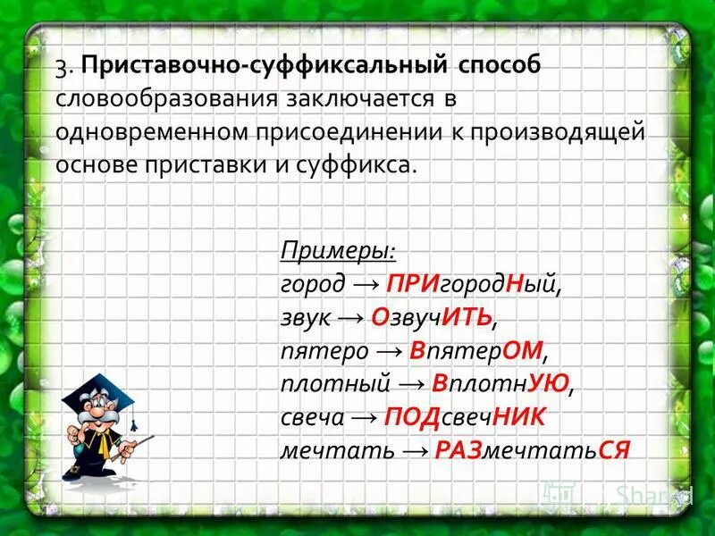 Приставочно-суффиксальный способ образования слов. Суффиксальный способ словообразования. Суффиксальный способ словообразования примеры. Приставочно-суффиксальный способ примеры.