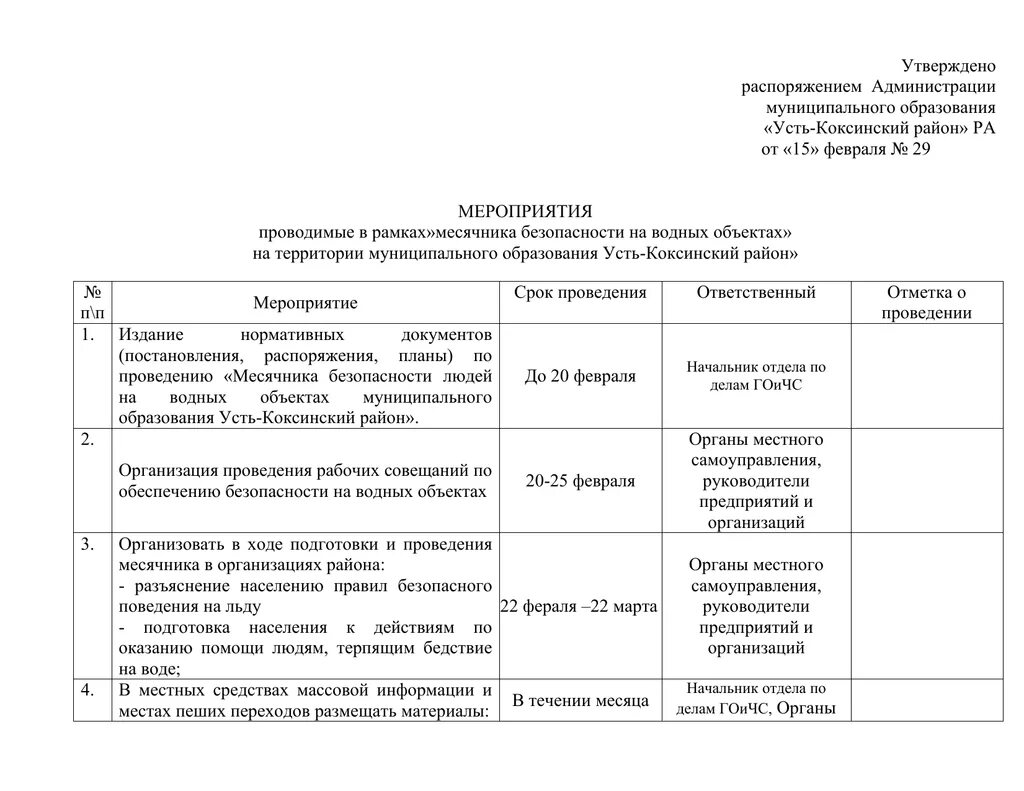 План мероприятий безопасности на водных объектах