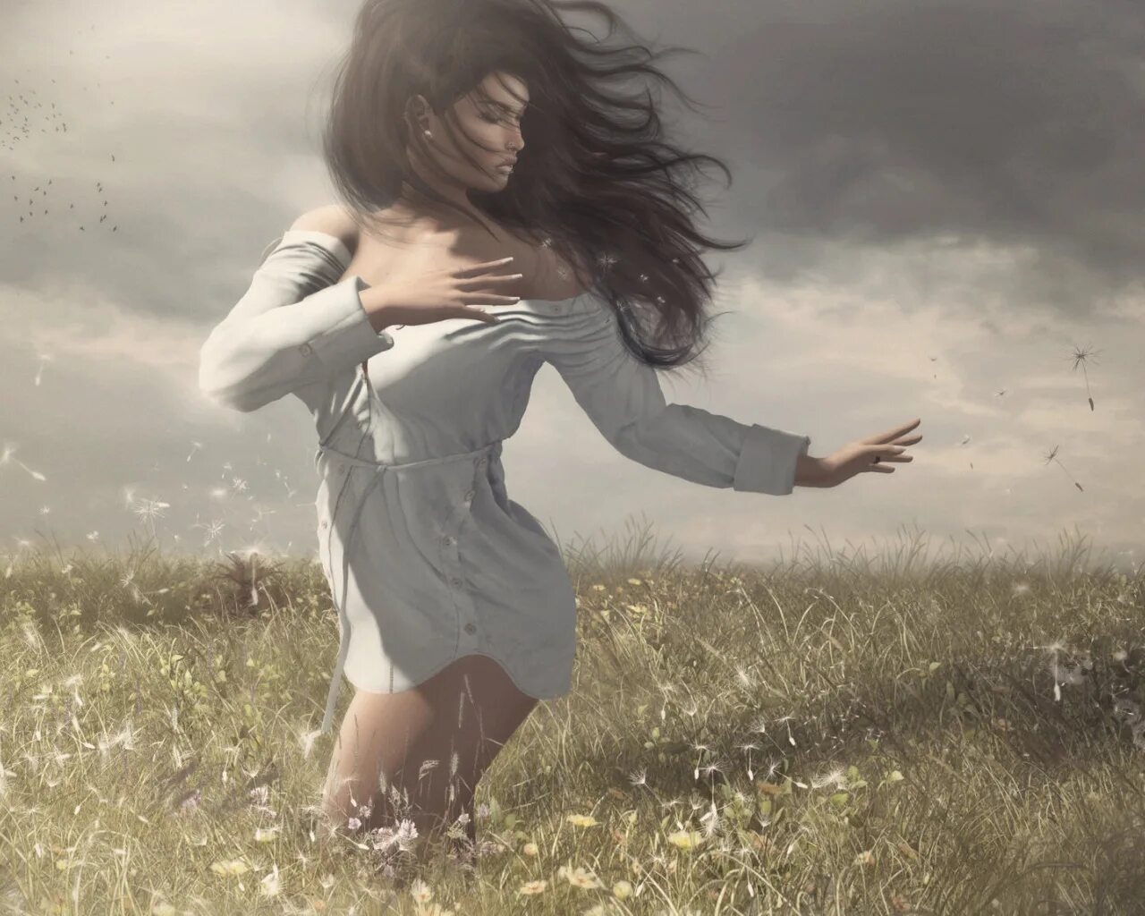 Сходит с ума весенний ветер теплыми ночами. Девушка бежит по полю. Девушка на ветру. Девушка убегает. Девушка волосы на ветру.