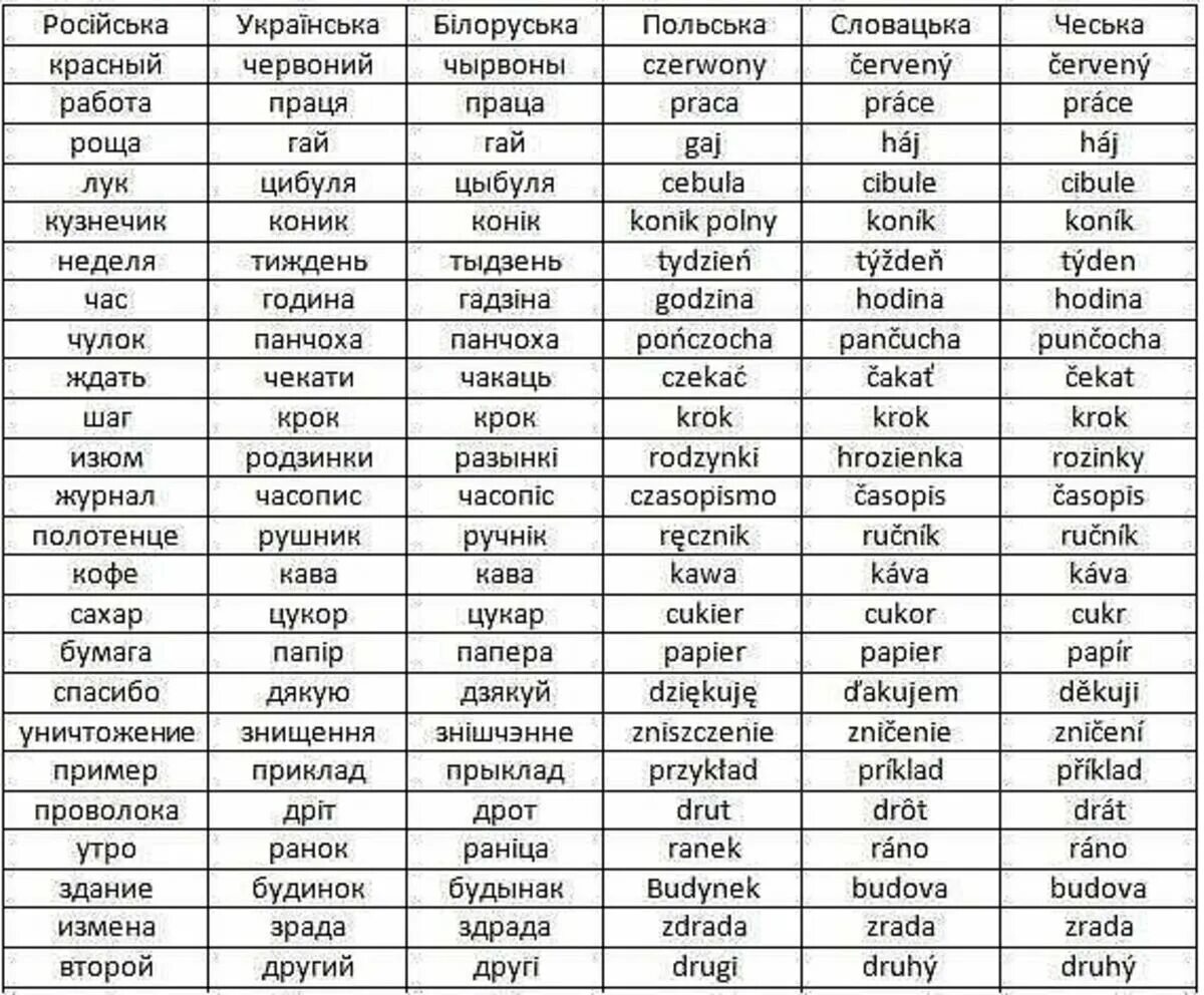 Звучат одинаково на всех языках. Таблица сравнения славянских языков. Слова на разных славянских языках. Русский Славянский язык. Сравнение славянских языков.