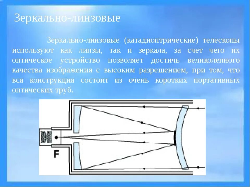 Доклад на тему линзовые приборы. Ход лучей в телескопе рефлекторе. Оптическая схема телескопа Шмидта-Кассегрена. Оптическая схема Максутов-Кассегрен. Оптическая схема Ричи-Кретьена.