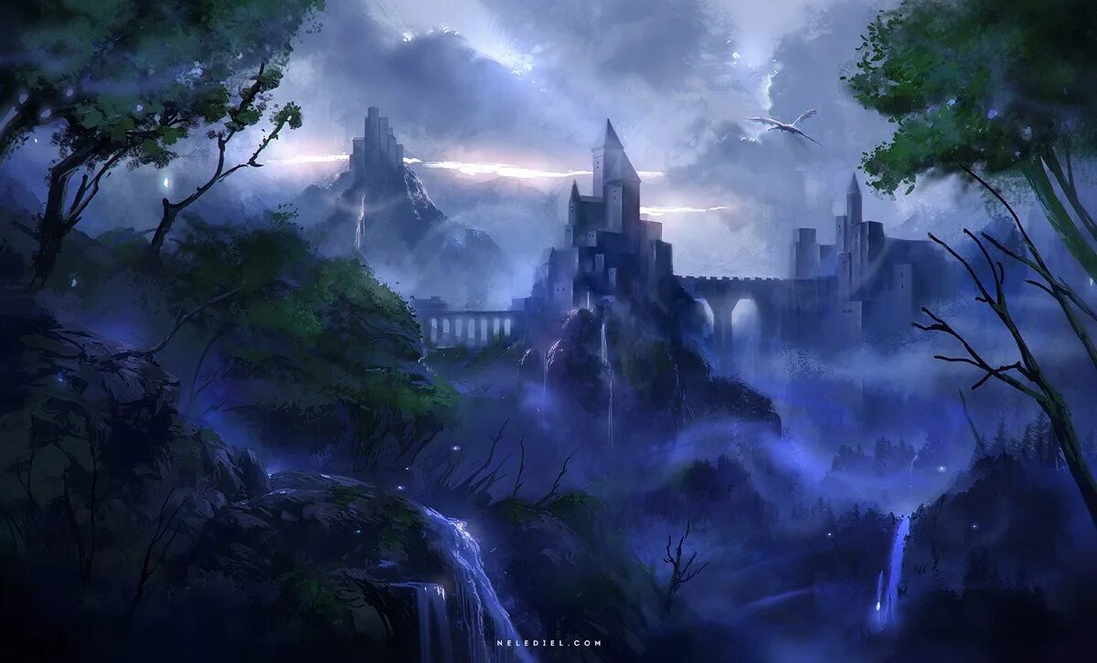 Загадочное царство. Замок Fantasy Castle. Королевство Азерот арт дворец. Фэнтези крепость в лесу. Фэнтези пейзажи замки.