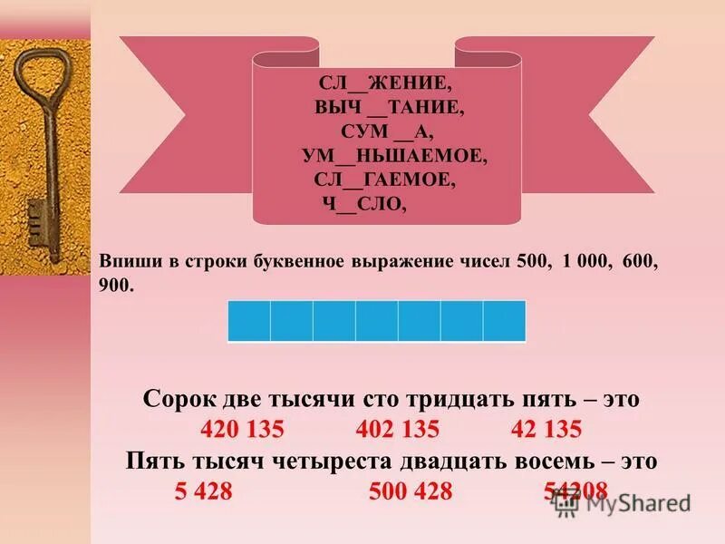 Системы 20 из 40. Выч..тание. Сорок две тысячи. Выч...слять. Выч-ть.