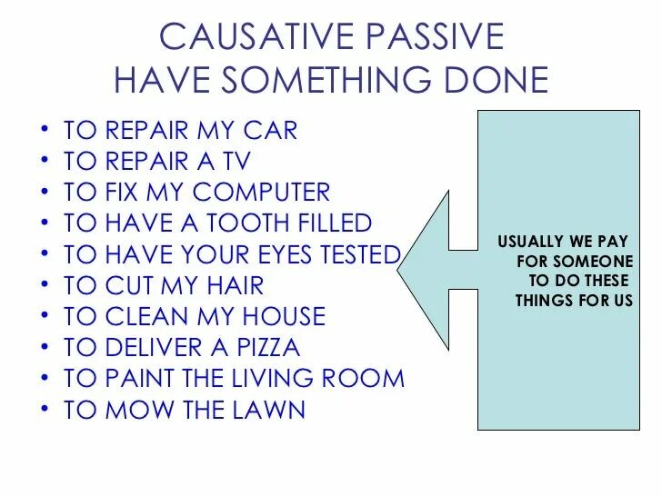 Passive causative. Causative form Passive Voice. Правило Passive causative form. Causative предложения.
