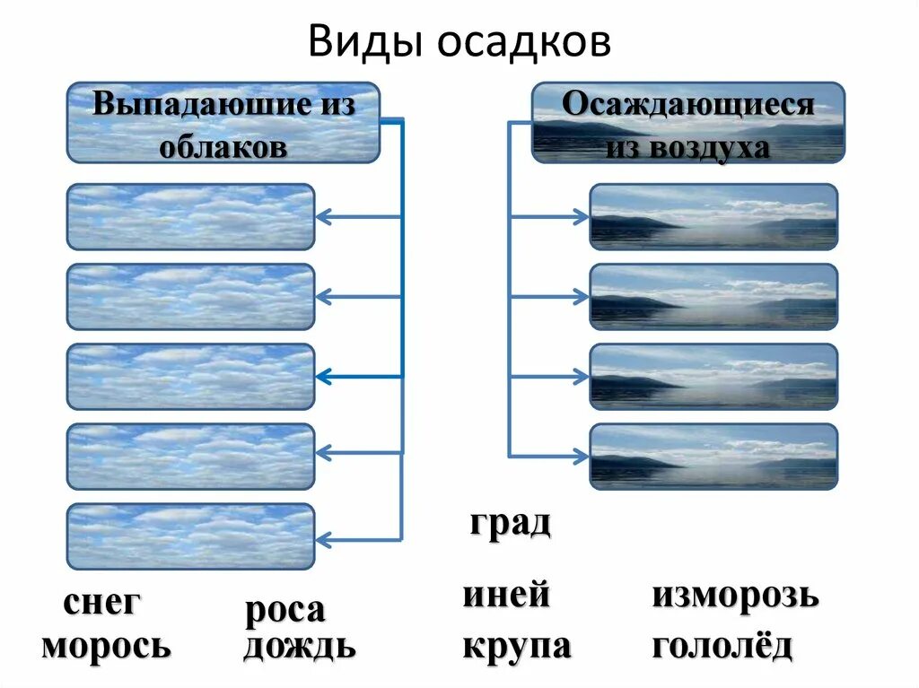 Осадки 5 класс. Виды осадков. Атмосферные осадки виды. Схема виды осадков. Типы атмосферных осадков.