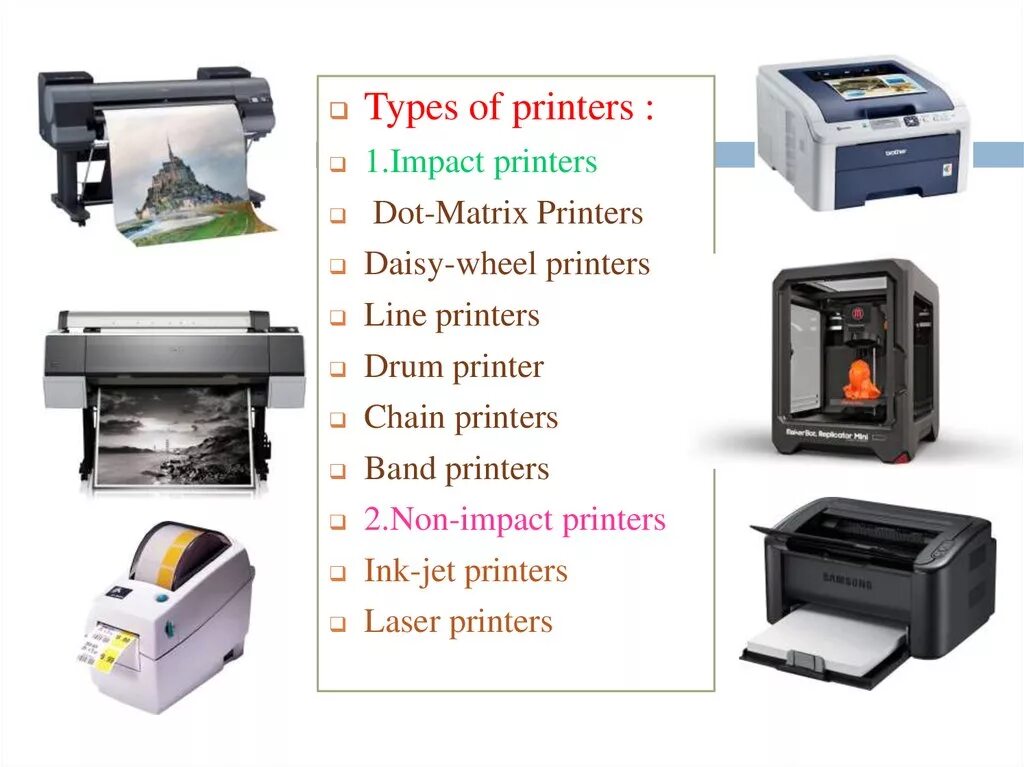 Types of printers. Impact принтеры. Принтер на английском. Non-Impact Printer.